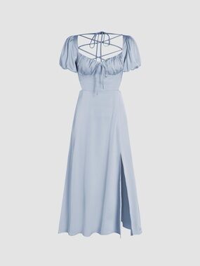 Light Blue Puff-Sleeve Maxi Dress with Tie-Back